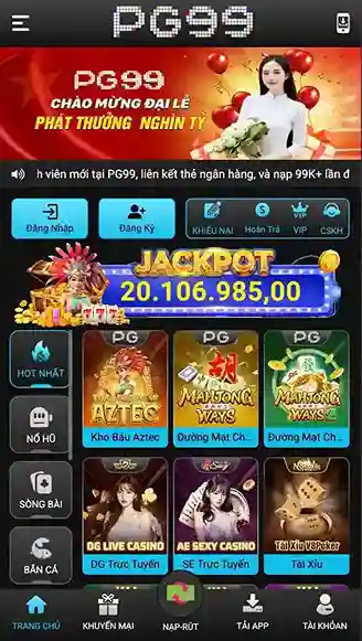 Giao diện tải app PG99 trên điện thoại với các trò chơi casino trực tuyến hấp dẫn